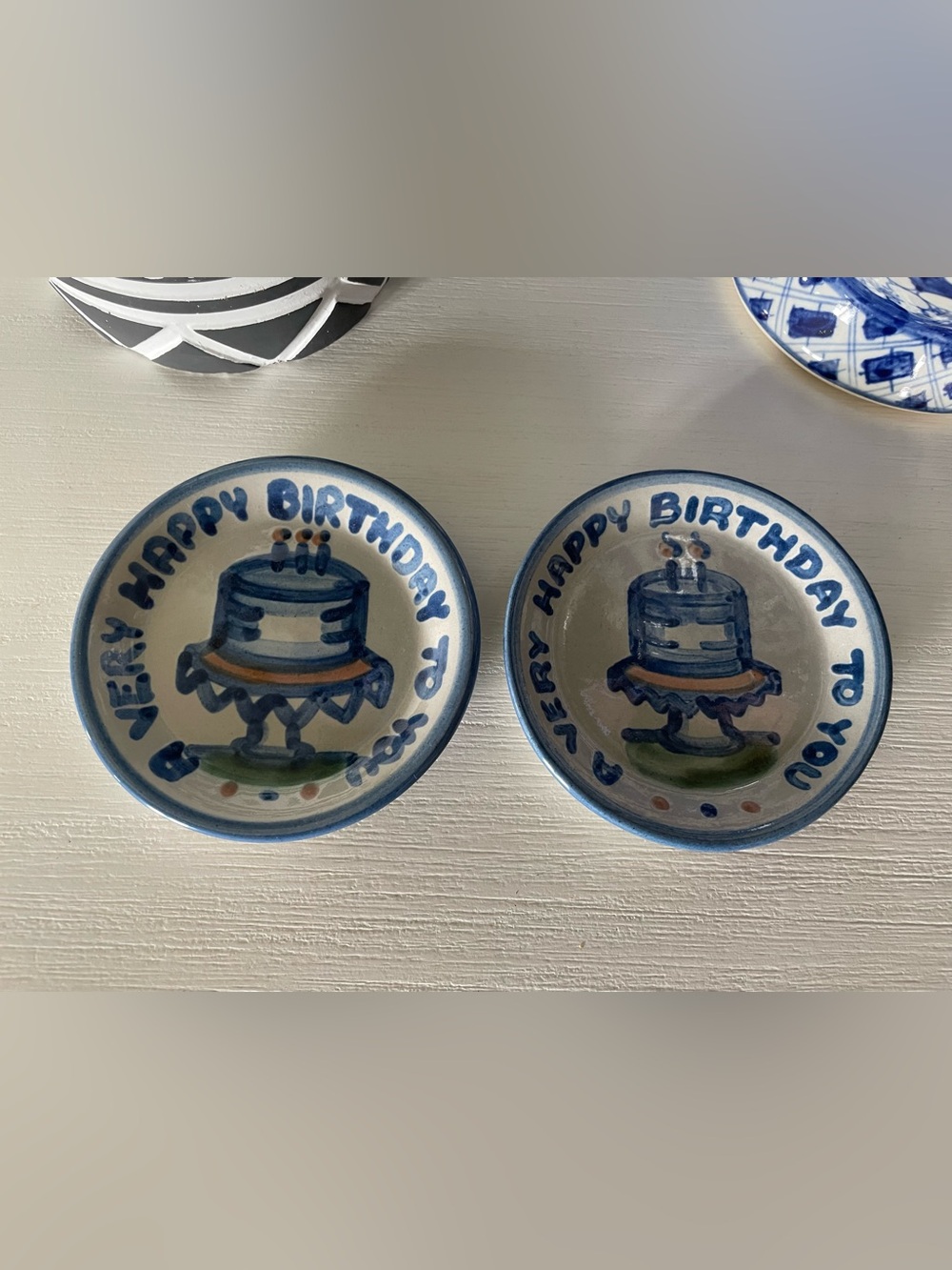 M. A. Hadley 4" Pottery Coaster/Trinket Dish Set- A Very Happy Birthday w/Cake